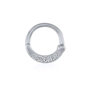 Detail of S925 sterling silver hoop ring featuring five graduated sparkling diamonds