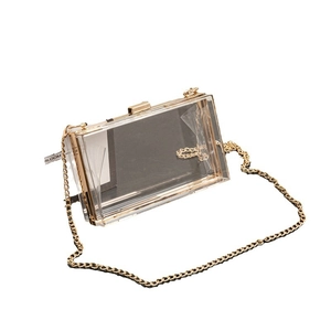 Transparent acrylic box clutch bag with gold metal frame and detachable chain strap