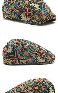 Three-angle views showing colorful geometric jacquard pattern on a retro beret cap