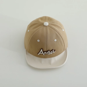 Close-up of soft-brim baby baseball cap with Angel embroidery and khaki cotton fabric
