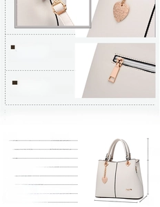 Detailed view of white PU leather tote with heart charm and dimension chart
