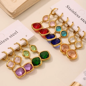 Stainless steel 18K gold earrings set with colorful square Czech glass gemstones