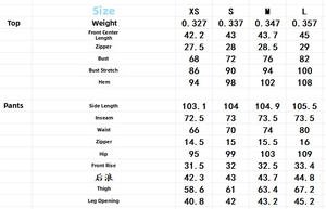 Detailed size chart for the women's tube top and cigarette trousers two-piece outfit