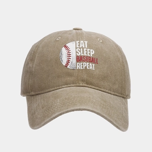 Detail of vintage khaki washed cotton baseball cap with Eat Sleep Baseball Repeat print