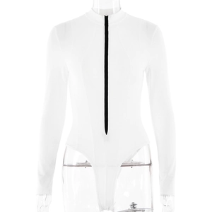 Detail of white long sleeve bodysuit featuring a front black zipper on high neck collar