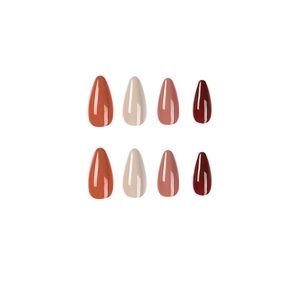Glossy press-on nail set in deep red, mocha and nude shades with elegant almond shape