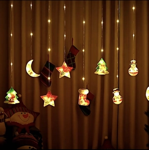 Christmas LED Curtain Lights PVC Pendant Star Snowman Tree Festive Window Decoration For Home Holiday Party Lighting
