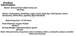 Specifications for natural gemstone drop earrings showing materials and dimensions
