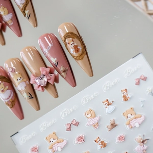 Autocollants à ongles 5D motif ours et nœud pour un art de manucure doux et professionnel