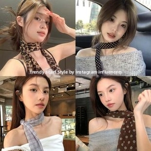 Collage of four printed silk scarves featuring leopard, polka dot, and plaid patterns