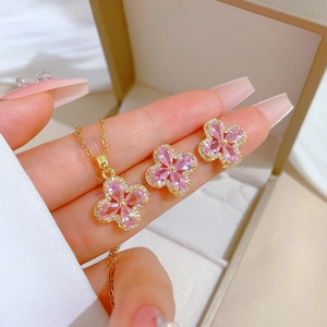 Pink five-petal flower necklace and earring jewelry set in 18K gold finish