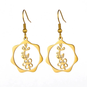 Elegant gold-tone stainless steel birth flower earrings with hollow floral design for women