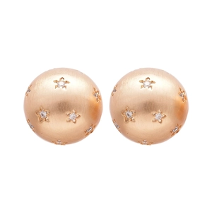 Vintage 18k gold plated brushed round stud earrings with star-set cubic zirconia