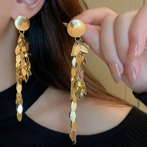 Elegant gold leaf sequin long tassel earrings for women with a metallic fringe design