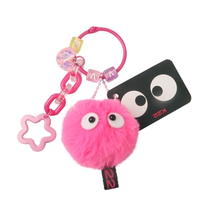 Cute pink plush coal elf keychain with big eyes, colorful beads and star charm pendant