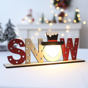 Lighted wooden SNOW sign with snowman ornament and LED lights for Christmas desktop decor