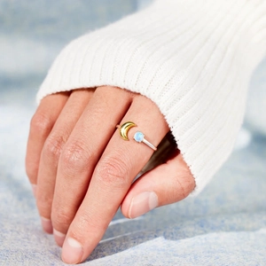 Minimalist S925 silver open ring with gold crescent moon and blue opal stone on hand