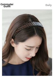 Detail of slim checkered headband with black and brown woven pattern on a model