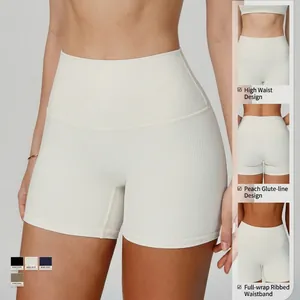 White high-waisted ribbed yoga shorts with scrunch butt lift for workout and running