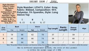 Size chart showing fabric specs and measurements for grey ribbed long sleeve crop top
