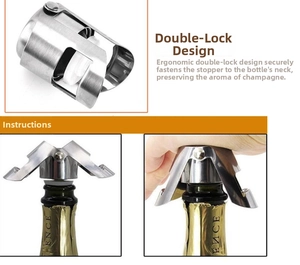 Close-up of stainless steel champagne stopper showing double buckle leak-proof seal design