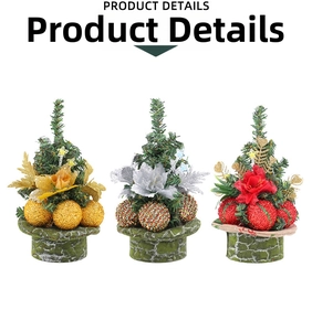 Detailed view of three mini Christmas trees with colorful balls and moss base toppers