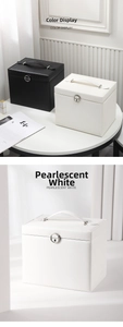 Close-up of luxury PU leather jewelry box with a metal lock and sturdy handle