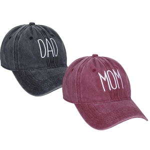 Detail of charcoal grey DAD and burgundy MOM embroidery on washed cotton baseball caps