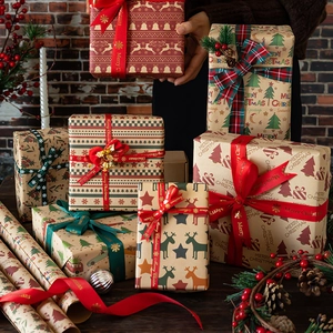 Vintage Christmas kraft wrapping paper set with festive elk patterns and satin ribbons