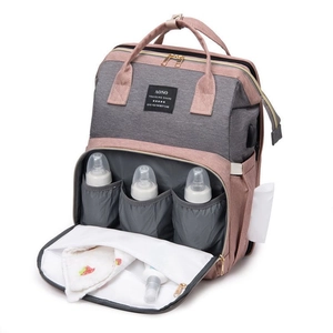 Pink and grey multi-function diaper bag with thermal bottle pockets and large capacity