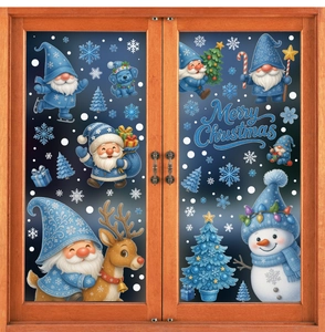Blue Christmas window stickers featuring gnomes, snowflakes, and reindeer on glass doors
