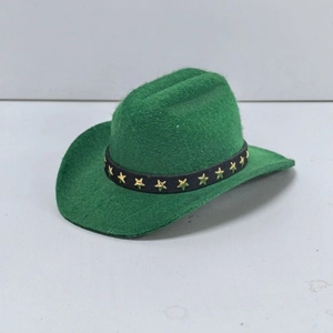 Detail eines grünen Cowboyhutes für Haustiere mit schwarzem Band und Goldsternen