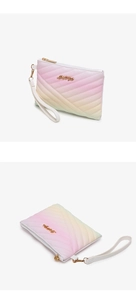 Detail of gradient rainbow quilted ladies wallet with Just For You gold lettering