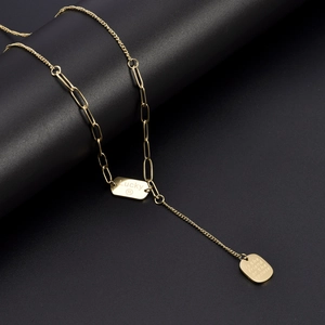Titanium steel double chain necklace with engraved lucky tags on black background