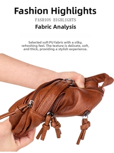 Close-up of soft brown PU leather texture and multi-layer zippers on a crossbody bag