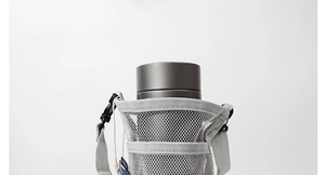 Detail of grey mesh water bottle sleeve with adjustable shoulder strap for kids