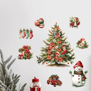 Detail of Christmas tree and snowman self-adhesive wall stickers for home decoration