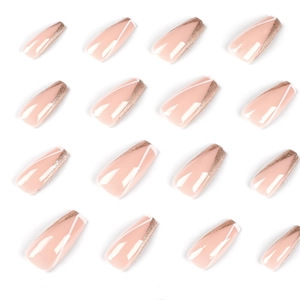 White French line glitter press-on nails set in nude pink with champagne sparkles