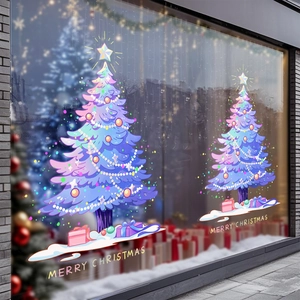 Christmas Window Sticker Static Cling PVC Glue Free Double Sided Xmas Tree Purple Blue Gradient Cartoon Festive Glass Decor
