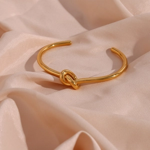 Minimalist Stainless Steel 18K Gold Plated Knot Open Bangle For Women Fashion Geometric Line Design High Polish Jewelry