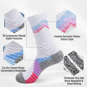 Thick basketball socks with white body, pink purple geometric patterns and grey towel sole