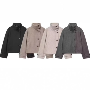 Veste Femme Élégante en Polyester Aspect Laine Col Montant Manteau Court Décontracté Automne Hiver Couleur Unie Top