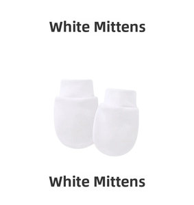 Close-up of white cotton newborn anti-scratch mittens with elastic cuffs on white background