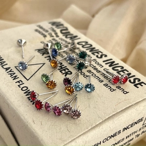 S925 sterling silver birthstone stud earrings set with colorful round cut crystals