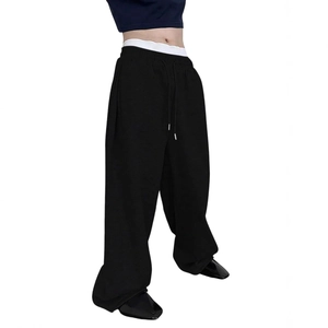 Classic black wide-leg joggers with high waist and drawstring for street style fashion