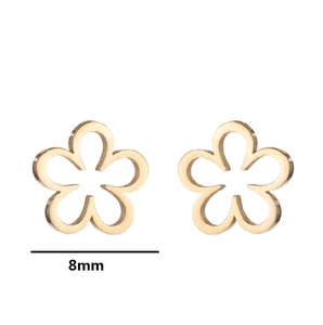 Golden 8mm minimalist hollow flower stud earrings in stainless steel on white background