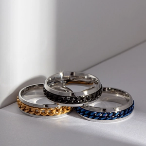 Detail of 6mm stainless steel spinner rings featuring gold black and blue curb chains