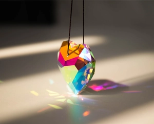 Macro shot of heart-shaped crystal prism reflecting colorful rainbow light patterns