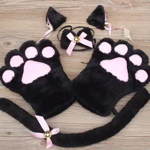 Ensemble cosplay chat en peluche 5 pièces avec pattes noir-rose, oreilles, queue et collier