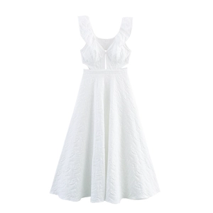 White Jacquard Hollow Out Maxi Dress Sexy V Neck Ruffle Strap High Waist Backless Elegant A Line Textured Long Dress Women